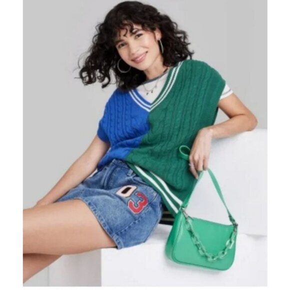 Wild Fable Womems Med Sweater Vest Oversized Cable-Knit V-Neck Blue & Green - Picture 2 of 9